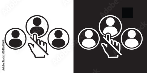 Blocked user selection icon. A hand pointing at a profile avatar with a diagonal strike-through line. Symbolizes banning, restricting, or removing a user from a social group or platform.