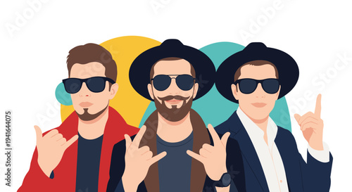 Three fashionable men wearing black hats and dark sunglasses make cool hand gestures against a colorful abstract background.