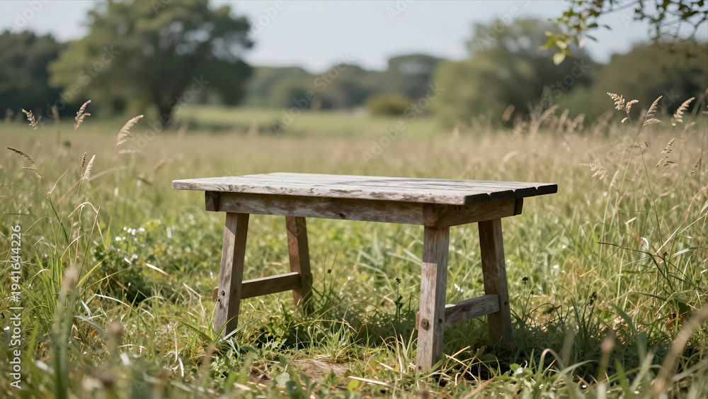 Naklejka premium Rustic Wooden Bench Sitting Alone in a Sunlit Meadow with Tall Grass and Trees in the Background, Natural Outdoor Setting for Relaxation or Contemplation