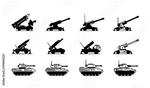Military weapon system icons anti aircraft missiles artillery guns mortar vehicles vector