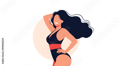 Confident young woman with long dark hair poses in a stylish black swimsuit against a simple circular sun background.