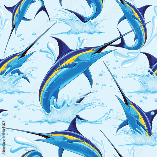 Blue Marlin jumping out of ocean vector Repeat Seamless Textile Pattern Design. All the Elements, the Fishes and the Water Drops, are assembled to compose vector Textile Seamless Repeat Pattern Design