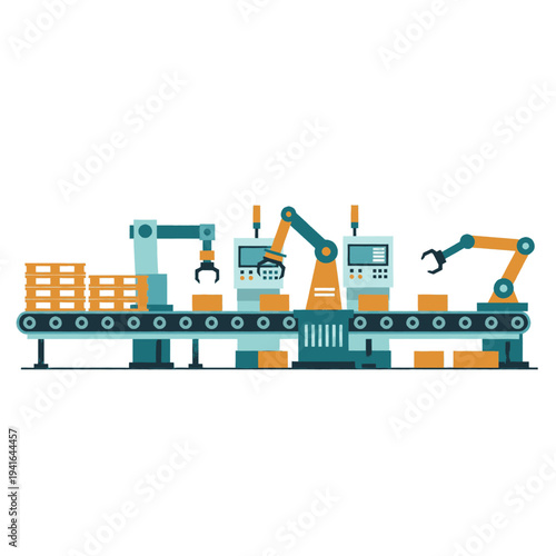 Industrial Robots Working on Assembly Line.