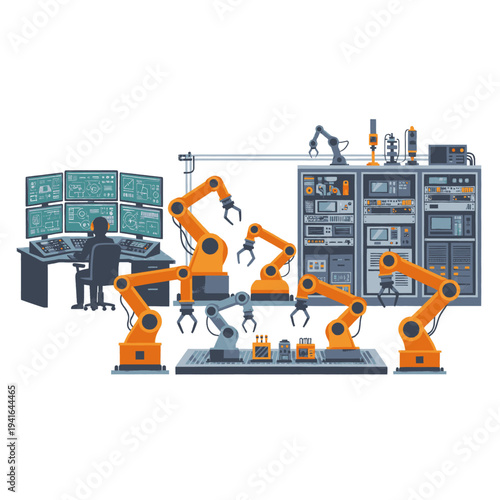Industrial Robots in Manufacturing Facility Setting.