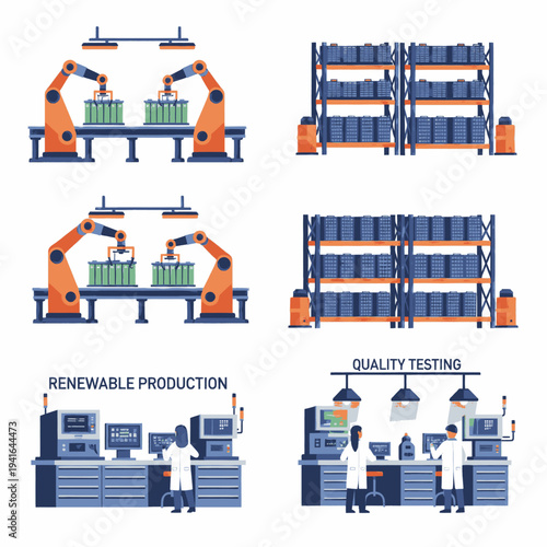 Industrial Robots and Workers in Factory Setting.