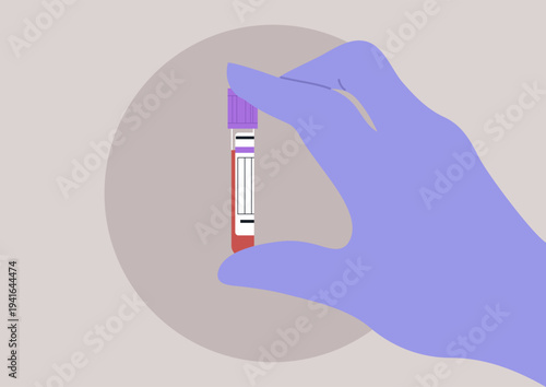 A delicate hand in a latex glove grips a small test tube, showcasing bright red blood inside, This moment captures the essence of laboratory work and scientific inquiry.