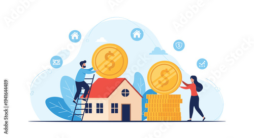 Young couple works together to place large gold coins on and near a model house to represent their savings and home investment.