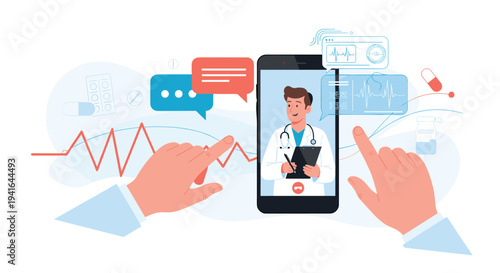 Patient uses a smartphone for a digital medical consultation with a friendly doctor while viewing heart rate data and health icons.