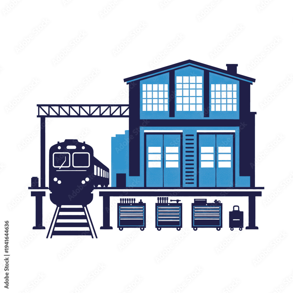 Fototapeta premium Train Station Building with Train and Luggage.