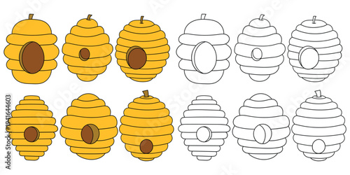 Hand-drawn cartoon and doodle set of beehives on a white background.