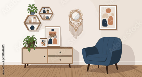 Elegant living room corner features a dark blue armchair, wooden sideboard, green plants, and stylish bohemian wall decorations.