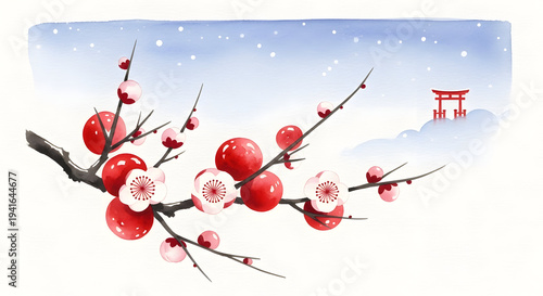 Japanese Ume Plum Blossoms and Fruits in Snowy Landscape with Distant Torii Gate, Watercolor