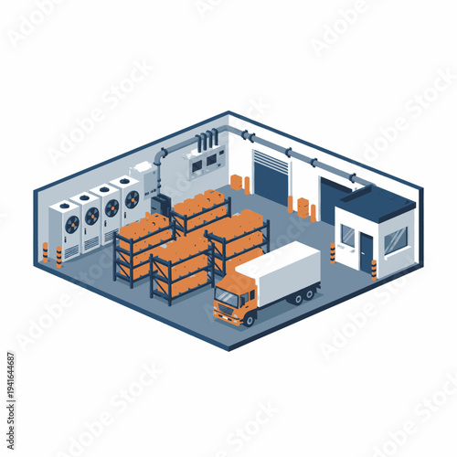 Warehouse with Truck and Storage Racks.