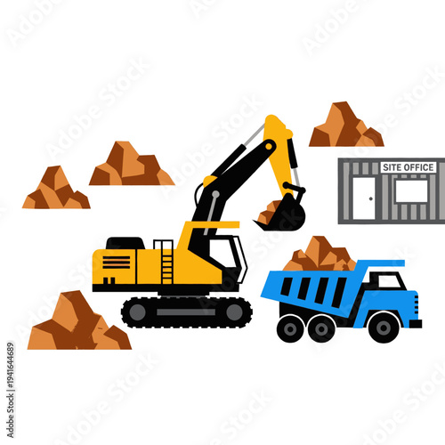 Yellow Excavator Loading Rocks into Blue Truck.