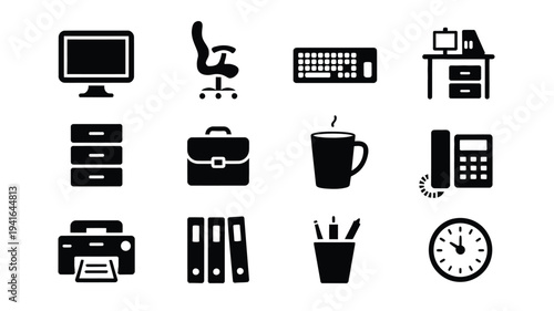 Office supplies and equipment icons set including computer chair keyboard printer clock and coffee cup on white background