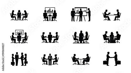 Vector illustration of 12 black office worker silhouettes in various meeting and working settings with colleagues