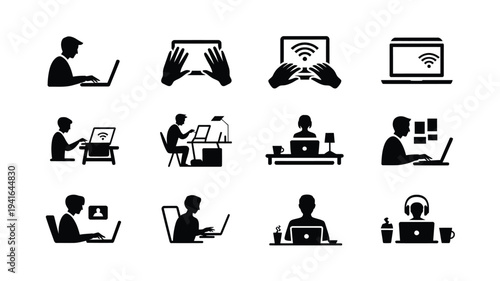 Vector illustrations of people working remotely with laptops and technology in various settings and positions
