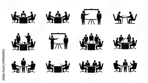Vector illustration of 12 black silhouettes of business people in meetings and presentations