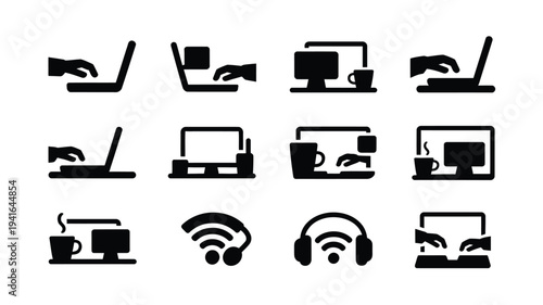 Set of modern black vector icons featuring various devices with hands interacting and connectivity symbols on white background