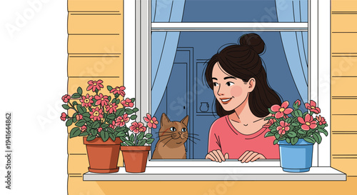 Smiling young woman and her curious brown cat look out from an open window surrounded by beautiful potted pink flowers.