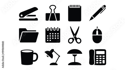 Collection of office supplies and stationery icons in black silhouette on white background for business and productivity concepts
