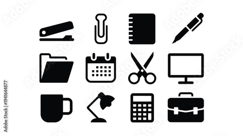 Set of office supplies and stationery icons including paperclip notebook pen scissors computer and more on white background
