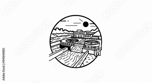 Circular graphic of a water treatment plant with city skyline backdrop