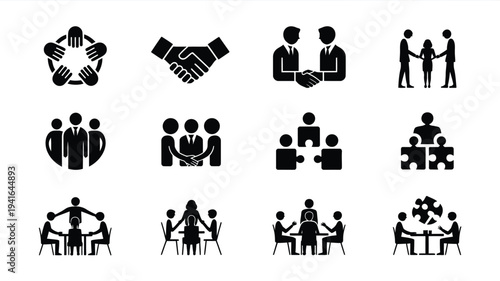 Business partnership and teamwork icons featuring diverse groups of people engaged in collaboration and communication