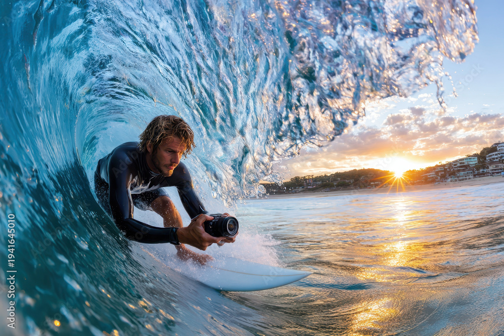 Naklejka premium Surfer photographs inside a wave at sunset