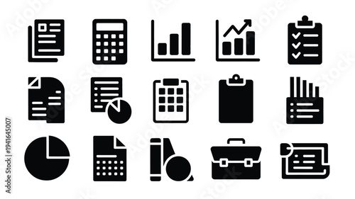 Business finance icons set calculator chart clipboard and graphs for office work and statistics analysis