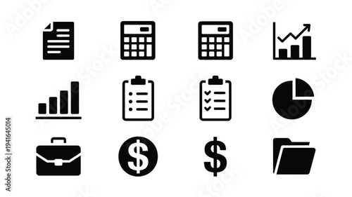 Business finance icons set including calculator chart graph clipboard money briefcase and folder symbols for financial analysis and accounting
