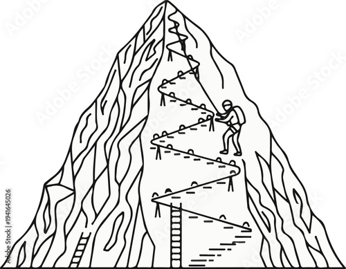 Climbers ascend a treacherous mountain via a protected path with ladders and ropes