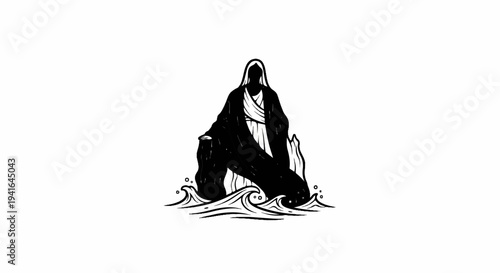 Cloaked figure emerges from rough, wavy water