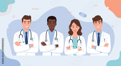 Team of four diverse and professional medical doctors in white lab coats and stethoscopes pose confidently with crossed arms.