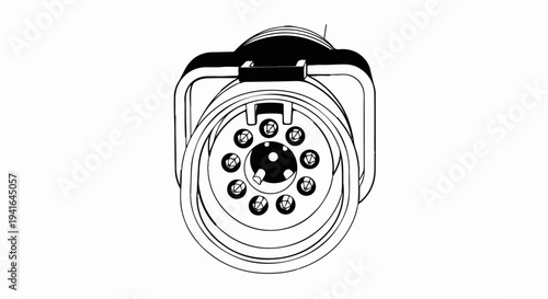 Close-up black and white line drawing of a circular multi-pin electrical connector