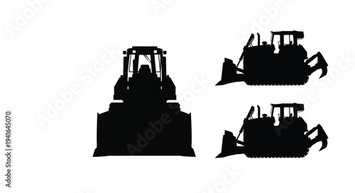 Two black silhouettes of bulldozers showcasing industrial machinery perspective
