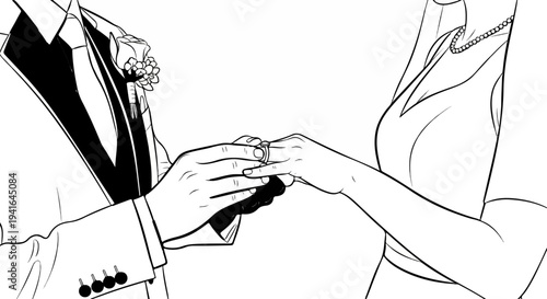 Close-up of a groom placing a ring on a bride's finger, wedding ceremony