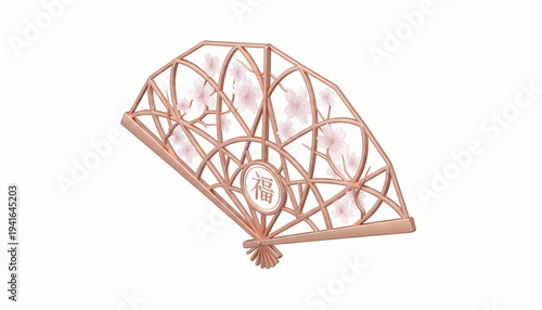 Decorative rose gold Chinese folding fan with sakura flowers and prosperity symbol