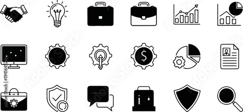 Collection of business and finance icons, including handshake, lightbulb, briefcases, charts, monitor, gears, shield, and magnifying glass