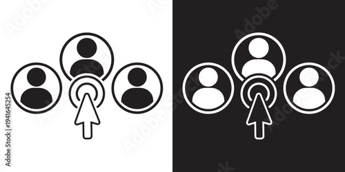 Digital user selection icon with a target click cursor. Mouse arrow pointing at a profile avatar among a group. Ideal for HR software, recruitment, and user management UI design.