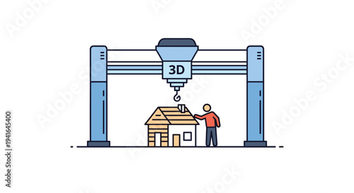 Massive futuristic 3D printer construction machine prints a small residential house while a worker monitors the process.