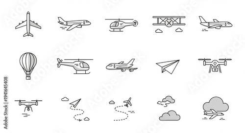 Collection of Hand-Drawn Aviation and Flight Icons.