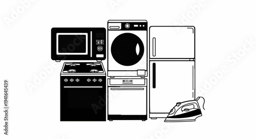 Collection of household appliances stove, microwave, washer, fridge, and iron