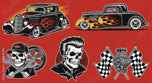 Vintage Hot Rod and Skull Tattoo Designs on Red Background.