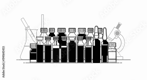 Collection of laboratory bottles, vials, ampoules, flask, pipette, and microscope