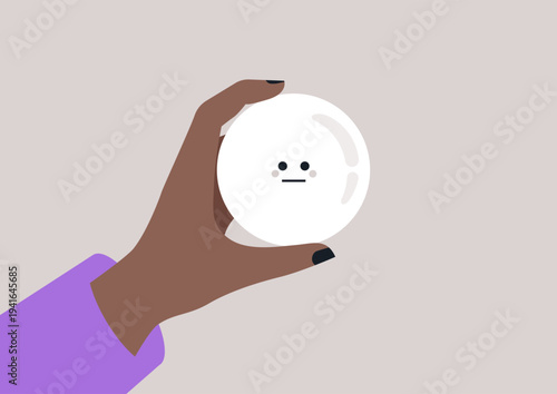 A hand gently cradles a white smiley face ball, symbolizing neutrality, The warm tones create a calm atmosphere, inviting reflection into the scene.