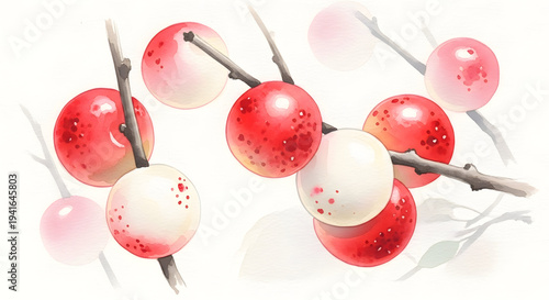 Branch with Alternating Red and White Ume Plums in Traditional Japanese Watercolor Style
