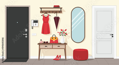 Modern hallway interior with a console table, mirror, red dress on a rack, and entrance door in a minimalist flat vector style design.