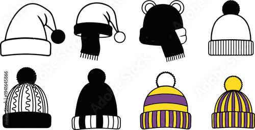 Collection of winter hats and scarfs, some with pom-poms, on white