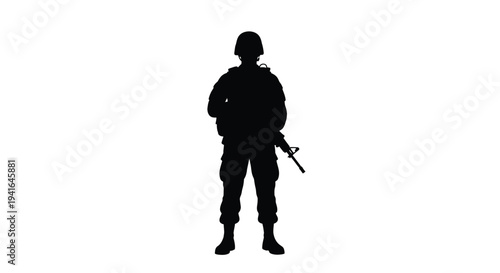 Bilde på lerret Soldier standing with rifle a stark black form against white silhouette